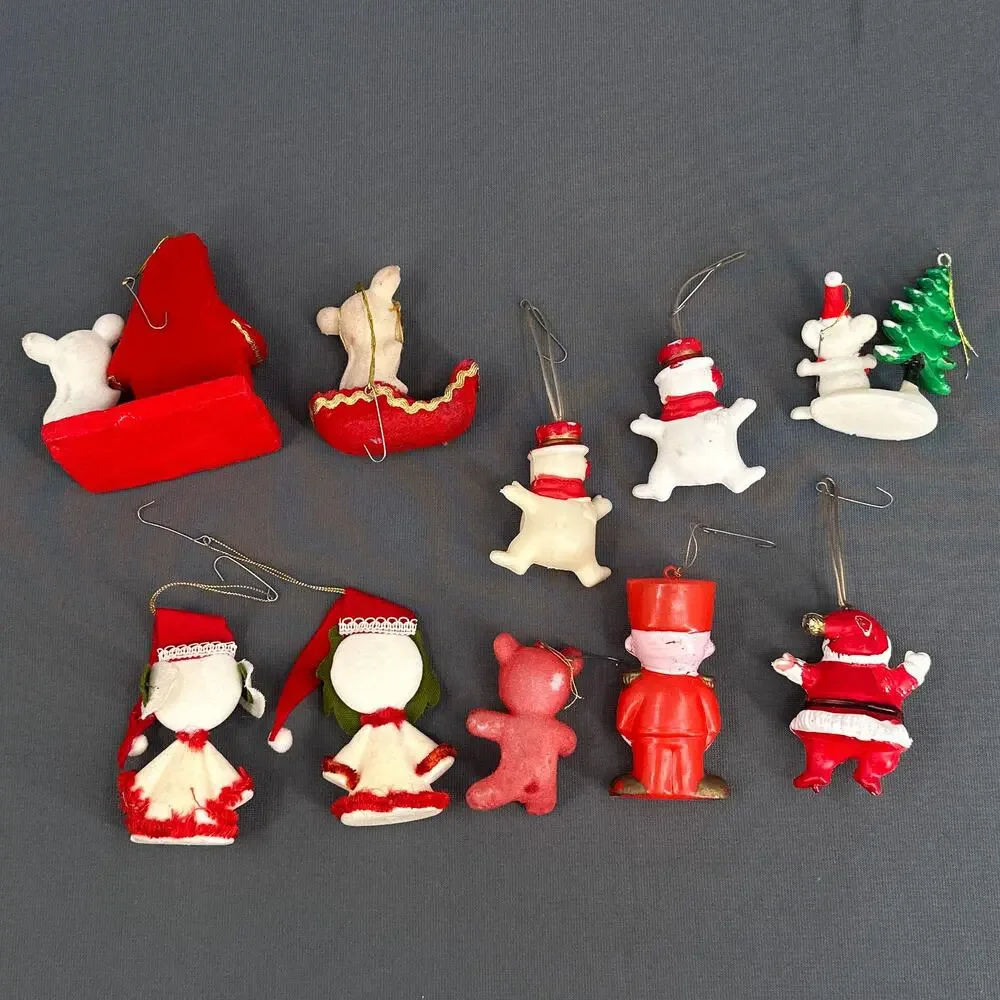 10 VTG 1950s Flocked Felt Christmas Ornaments Mice Cat Snowmen Santa MCM Kitschy